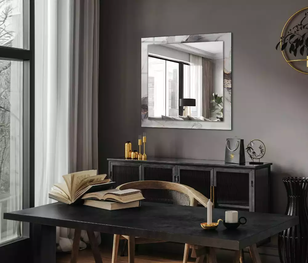 Rechthoekige spiegel lijst met print Abstracte kunst marmer