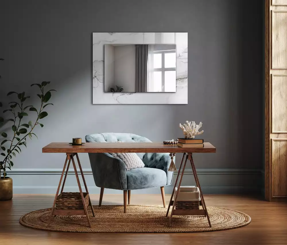 Rechthoekige spiegel met bedrukte lijst Wit marmerpatroon