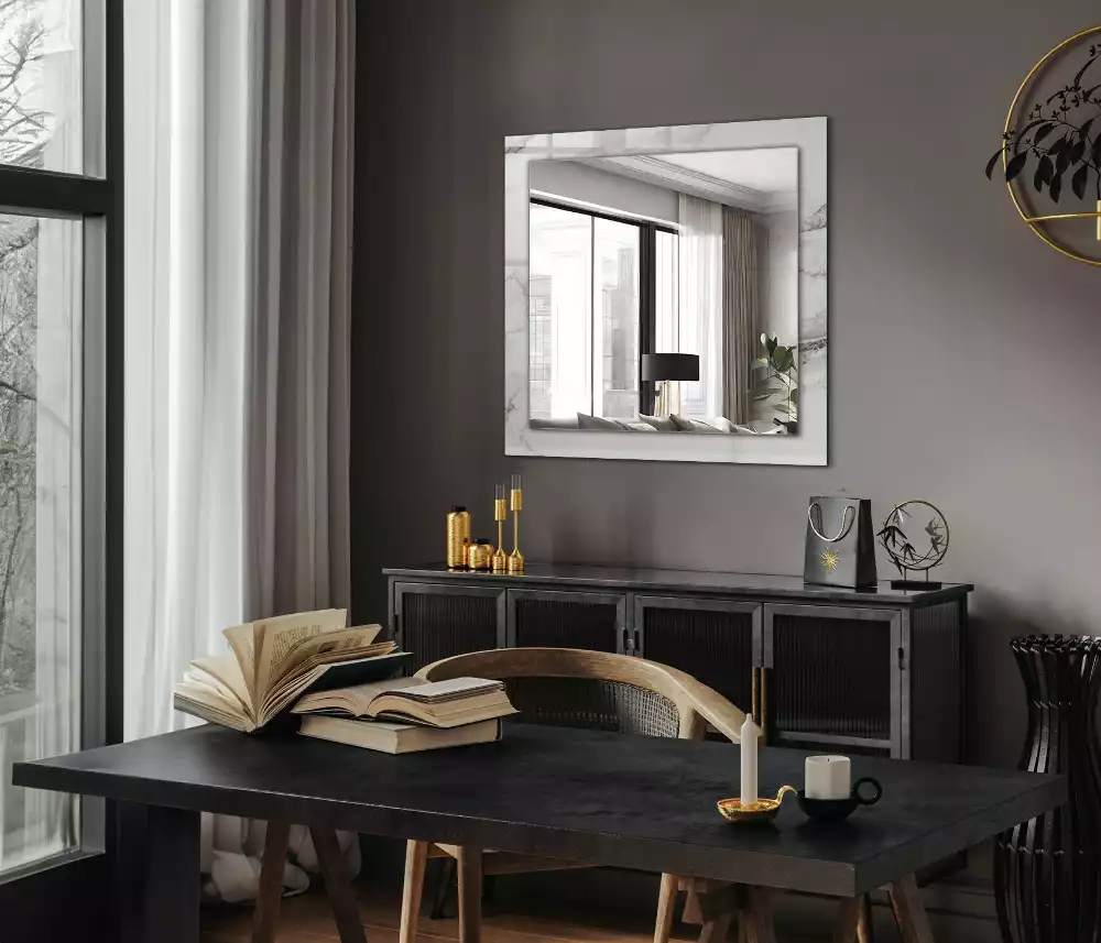 Rechthoekige spiegel met bedrukte lijst Wit marmerpatroon