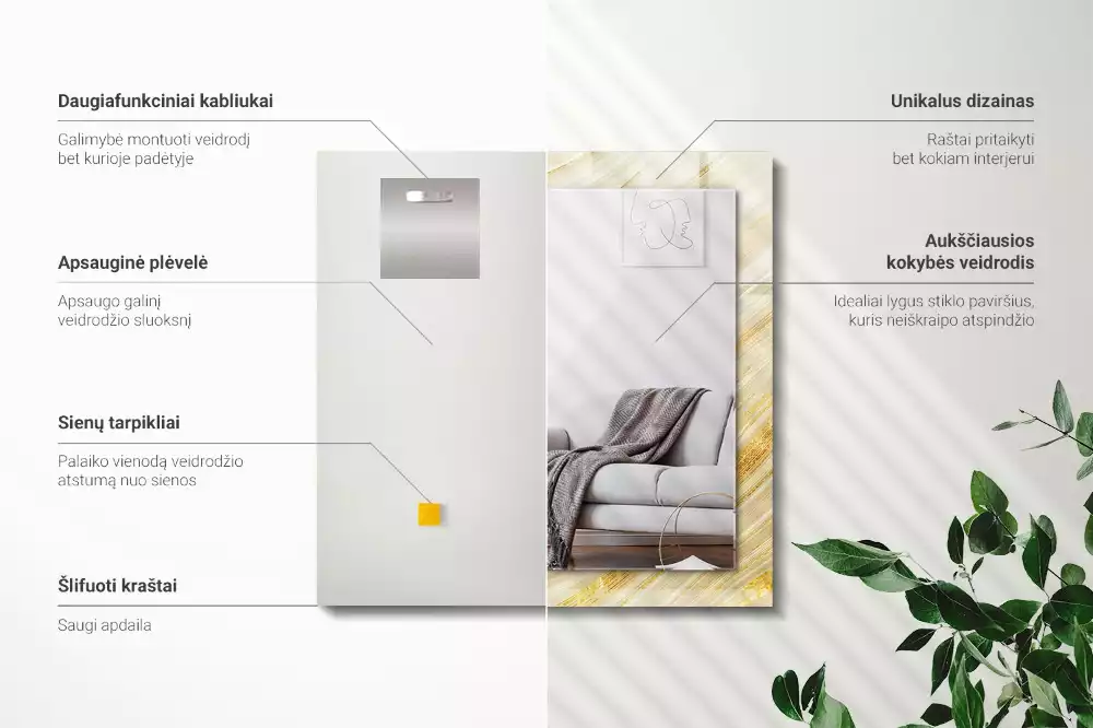 Rechthoekige spiegel met decoratie Gele abstracte lijnen