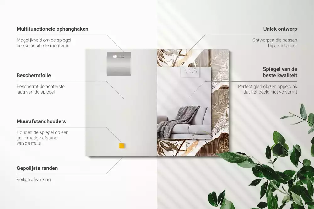 Rechthoekige spiegel met bedrukte lijst Bladeren tropisch patroon