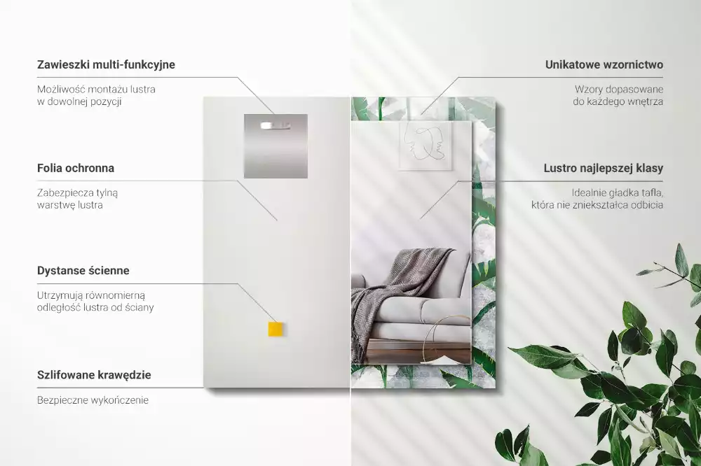 Rechthoekige spiegel lijst met print Groene bladeren van de plant