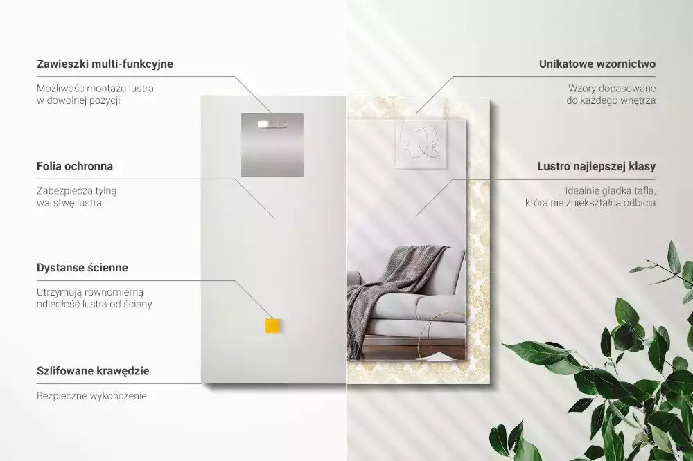 Rechthoekige spiegel met bedrukte lijst Gele ornamenten