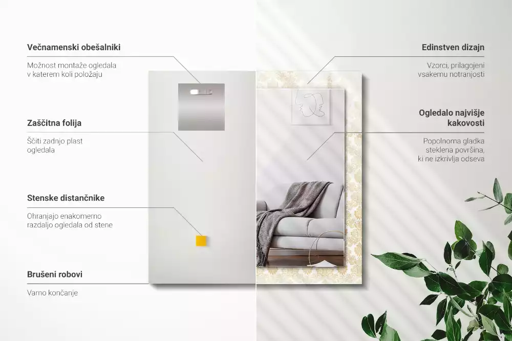 Rechthoekige spiegel met bedrukte lijst Gele ornamenten