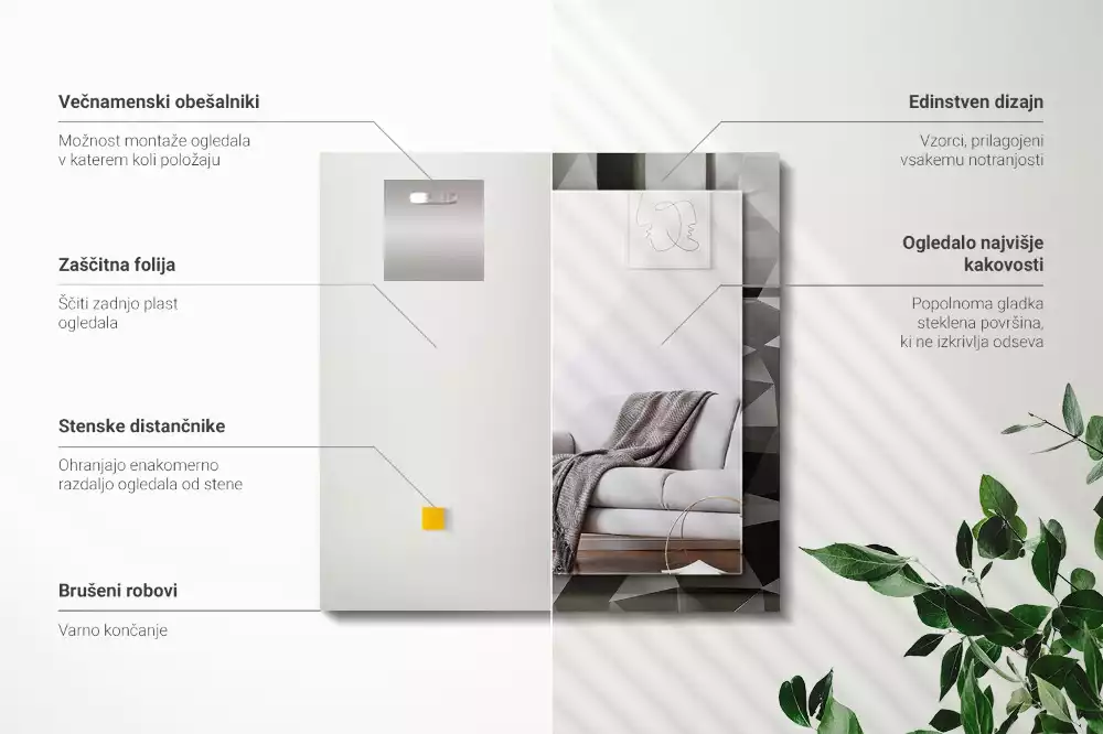 Rechthoekige spiegel met bedrukte lijst Zwarte geometrische vormen