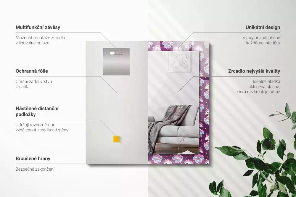 Rechthoekige spiegel met bedrukte lijst Eenhoorns sterren belettering