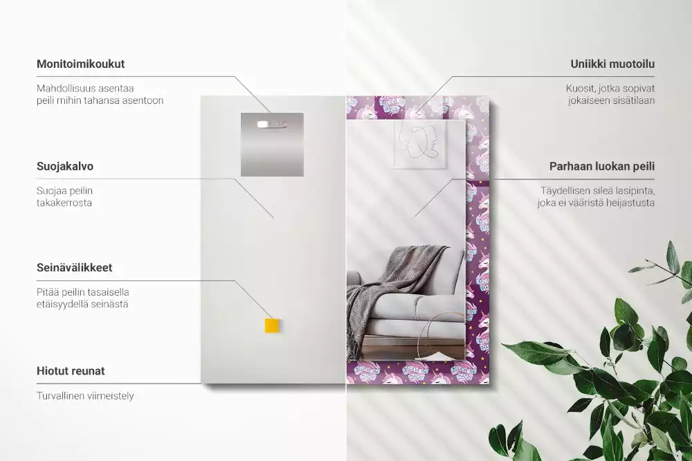 Rechthoekige spiegel met bedrukte lijst Eenhoorns sterren belettering