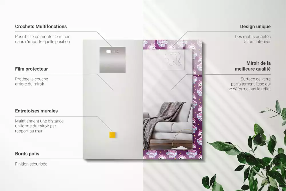 Rechthoekige spiegel met bedrukte lijst Eenhoorns sterren belettering