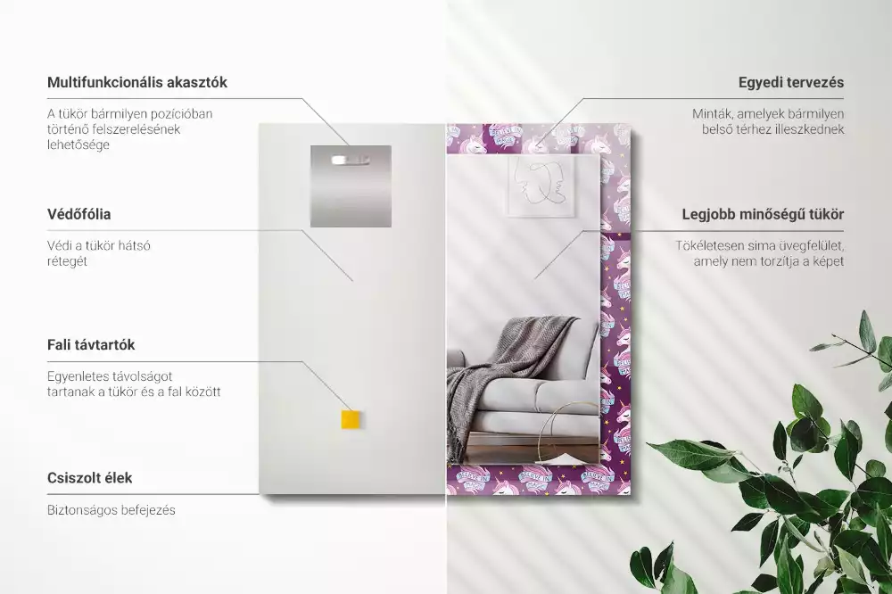 Rechthoekige spiegel met bedrukte lijst Eenhoorns sterren belettering