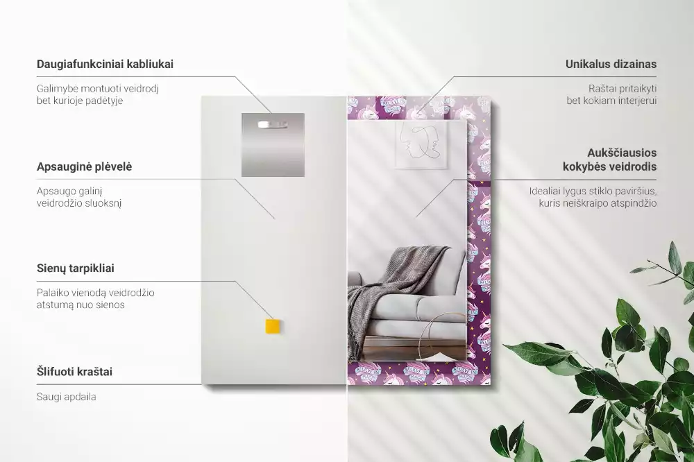 Rechthoekige spiegel met bedrukte lijst Eenhoorns sterren belettering