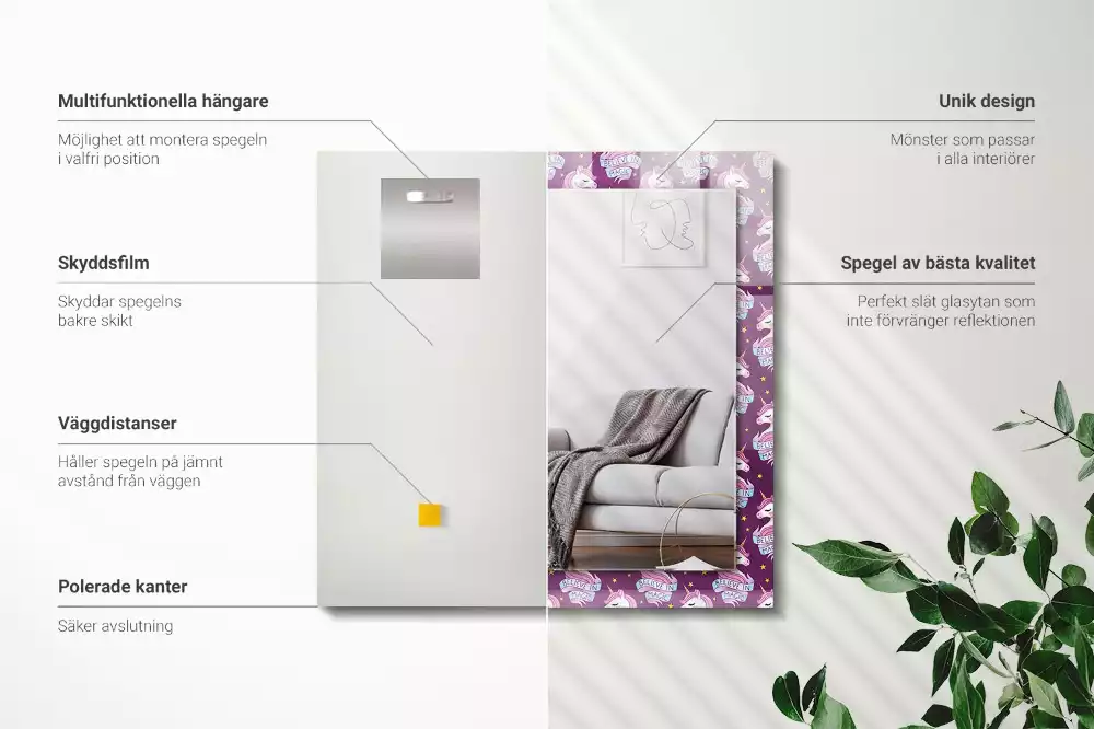 Rechthoekige spiegel met bedrukte lijst Eenhoorns sterren belettering