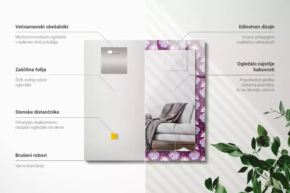 Rechthoekige spiegel met bedrukte lijst Eenhoorns sterren belettering