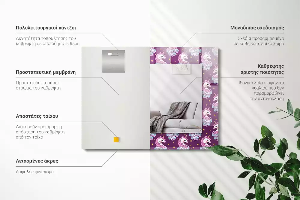 Rechthoekige spiegel met bedrukte lijst Eenhoorns sterren belettering