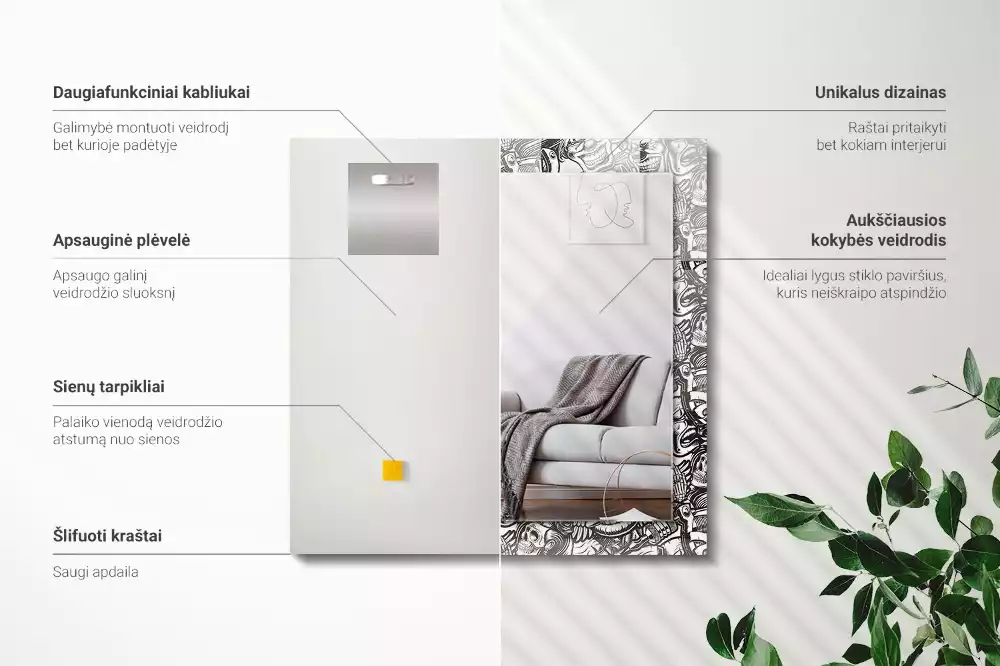 Rechthoekige spiegel lijst met print Zwart-witte patronen