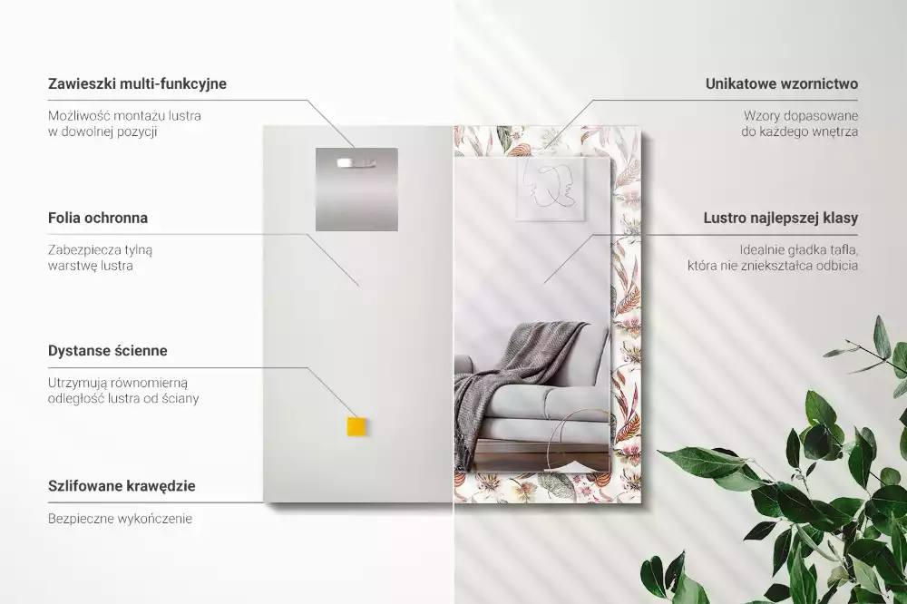 Rechthoekige spiegel lijst met print Bloemen en bladeren