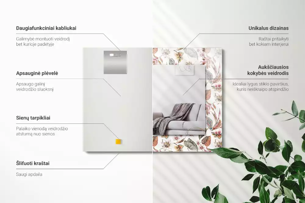 Rechthoekige spiegel lijst met print Bloemen en bladeren