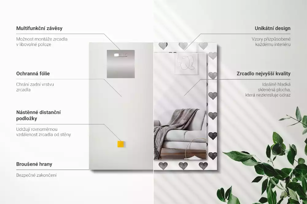 Bedrukte rechthoekige spiegel Zwart hartenpatroon