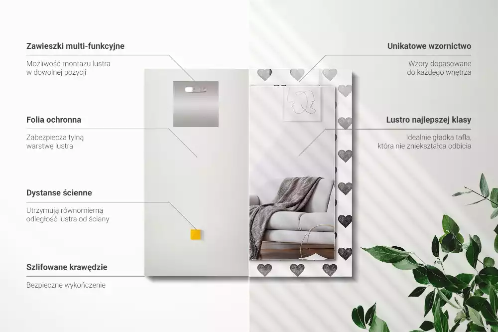 Bedrukte rechthoekige spiegel Zwart hartenpatroon