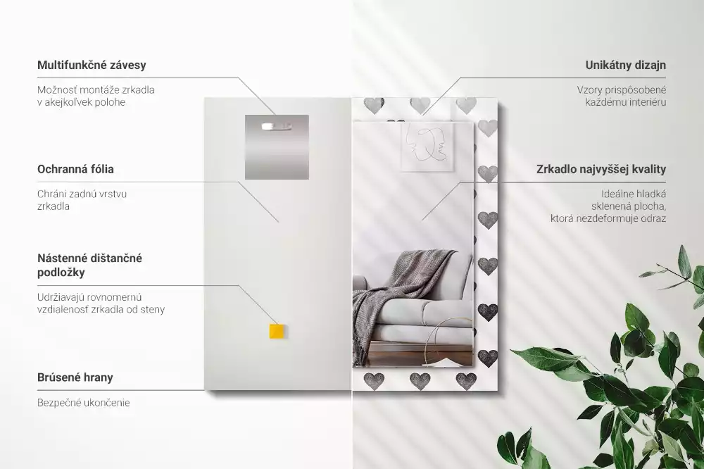 Bedrukte rechthoekige spiegel Zwart hartenpatroon