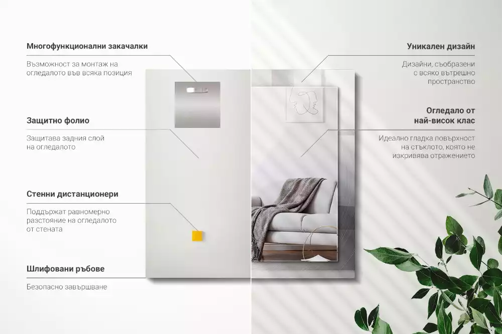 Rechthoekige spiegel met bedrukte lijst Rond metalen oppervlak