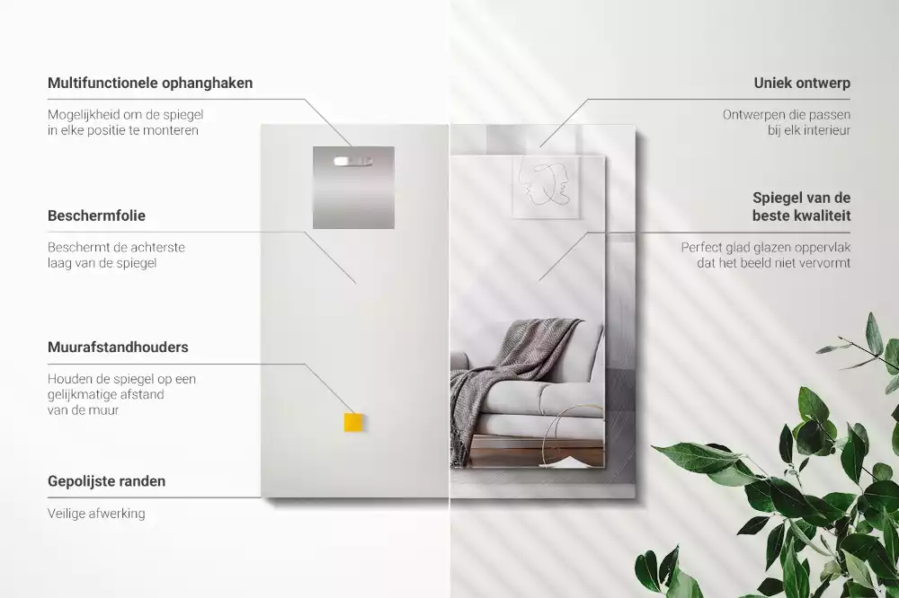 Rechthoekige spiegel met bedrukte lijst Rond metalen oppervlak