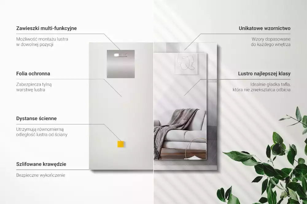 Rechthoekige spiegel met bedrukte lijst Rond metalen oppervlak