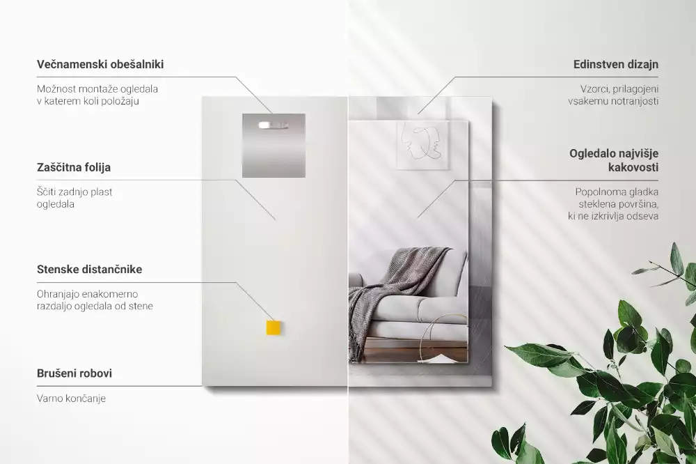 Rechthoekige spiegel met bedrukte lijst Rond metalen oppervlak