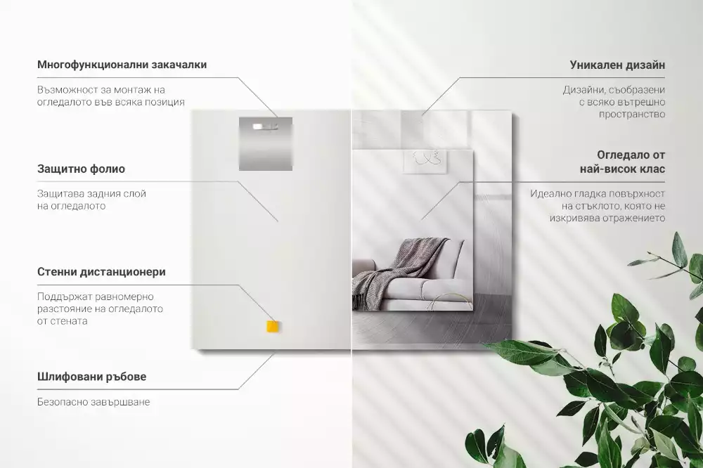 Rechthoekige spiegel met bedrukte lijst Rond metalen oppervlak