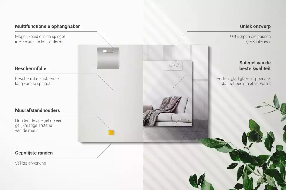 Rechthoekige spiegel met bedrukte lijst Rond metalen oppervlak