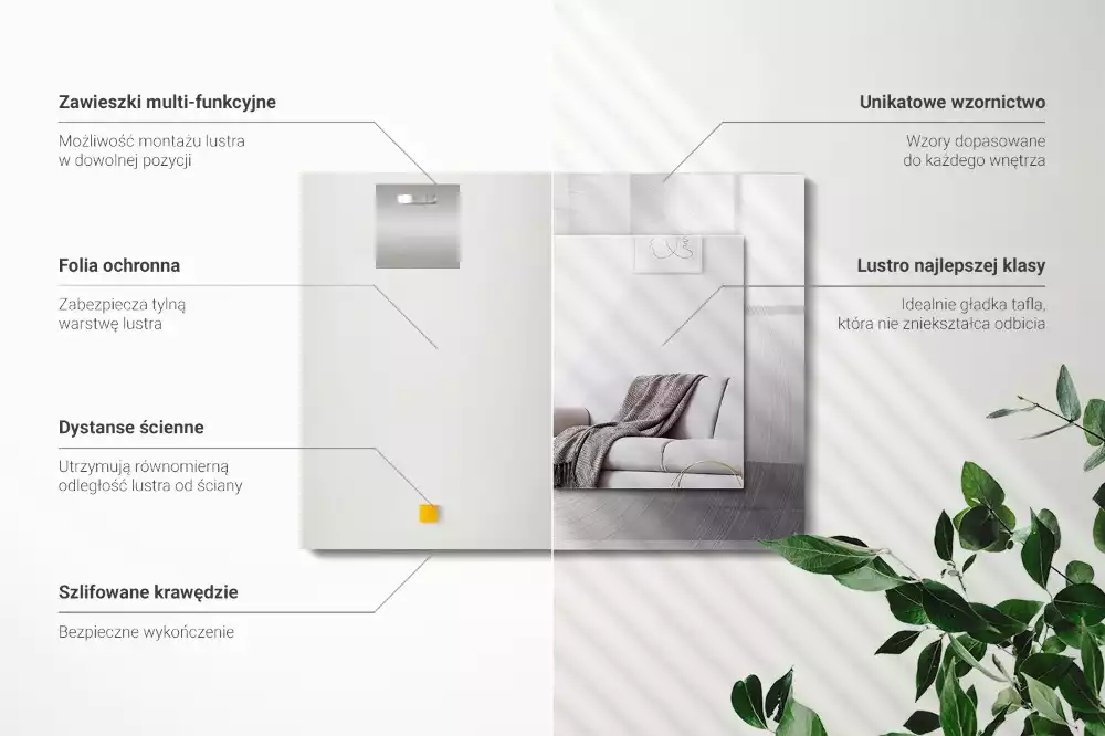 Rechthoekige spiegel met bedrukte lijst Rond metalen oppervlak