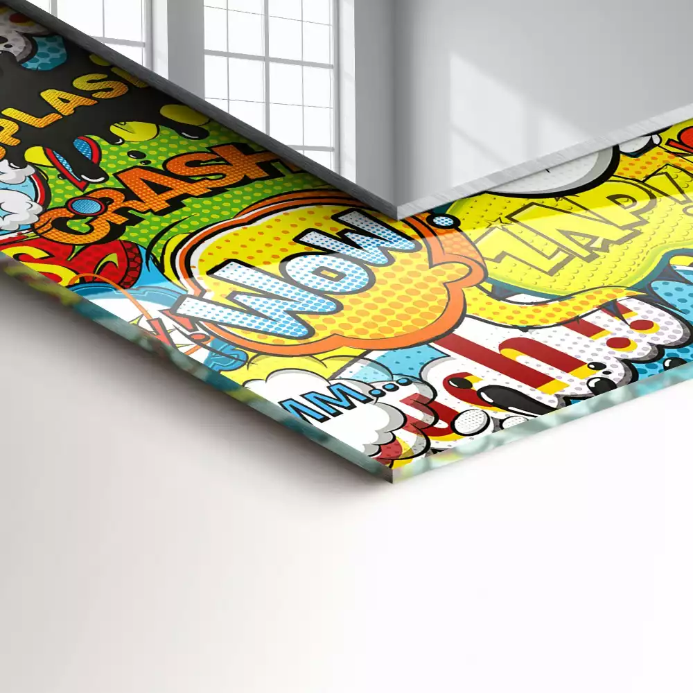 Rechthoekige spiegel met bedrukte lijst Kleurrijke komische tekstballonnen