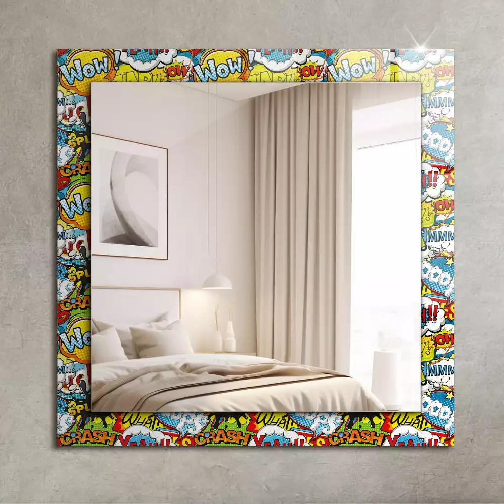 Rechthoekige spiegel met bedrukte lijst Kleurrijke komische tekstballonnen
