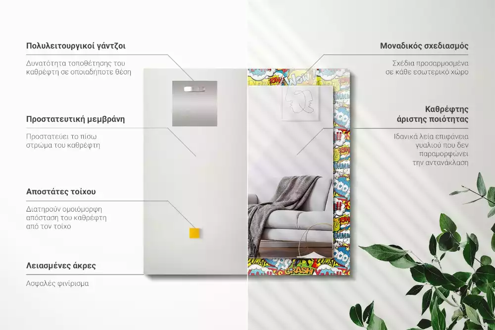 Rechthoekige spiegel met bedrukte lijst Kleurrijke komische tekstballonnen