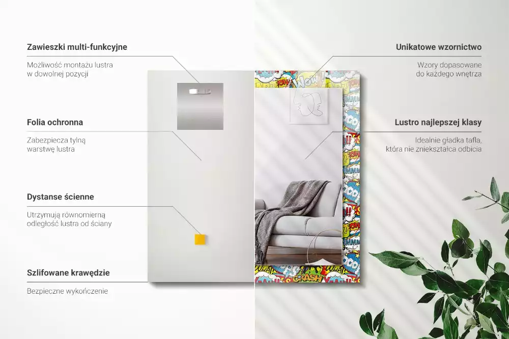 Rechthoekige spiegel met bedrukte lijst Kleurrijke komische tekstballonnen