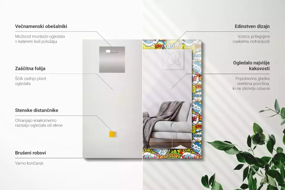 Rechthoekige spiegel met bedrukte lijst Kleurrijke komische tekstballonnen