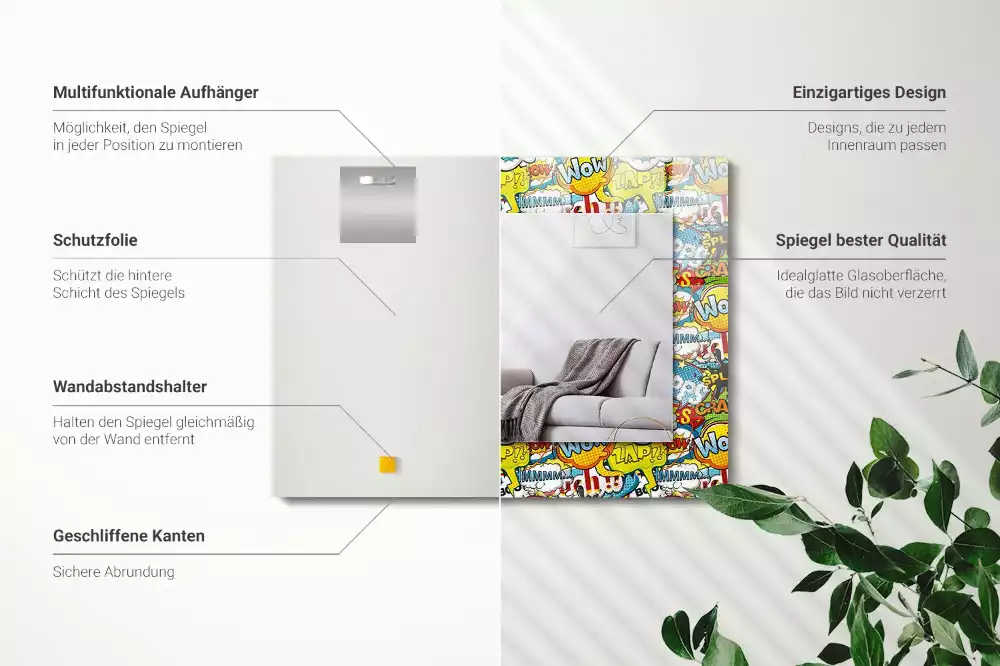 Rechthoekige spiegel met bedrukte lijst Kleurrijke komische tekstballonnen