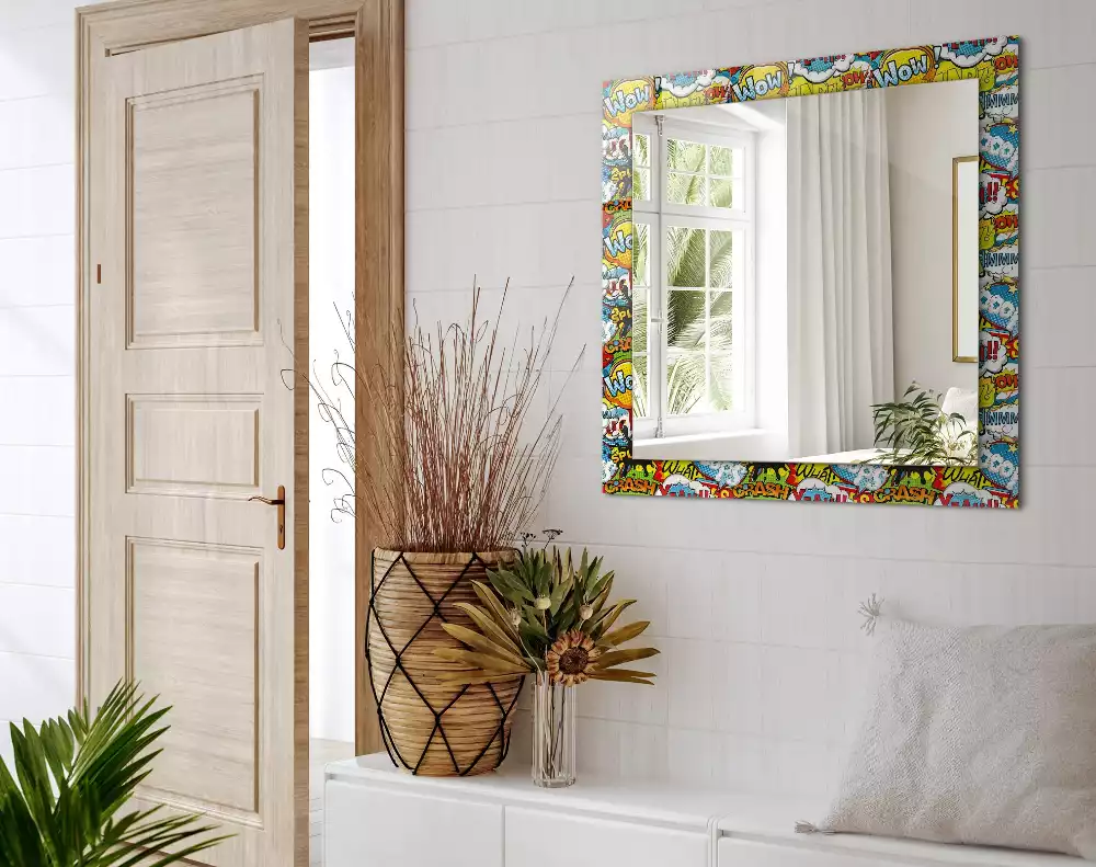 Rechthoekige spiegel met bedrukte lijst Kleurrijke komische tekstballonnen