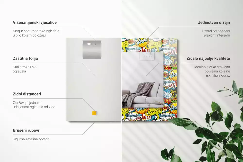 Rechthoekige spiegel met bedrukte lijst Kleurrijke komische tekstballonnen