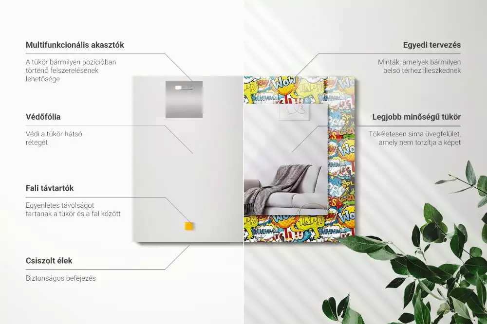 Rechthoekige spiegel met bedrukte lijst Kleurrijke komische tekstballonnen