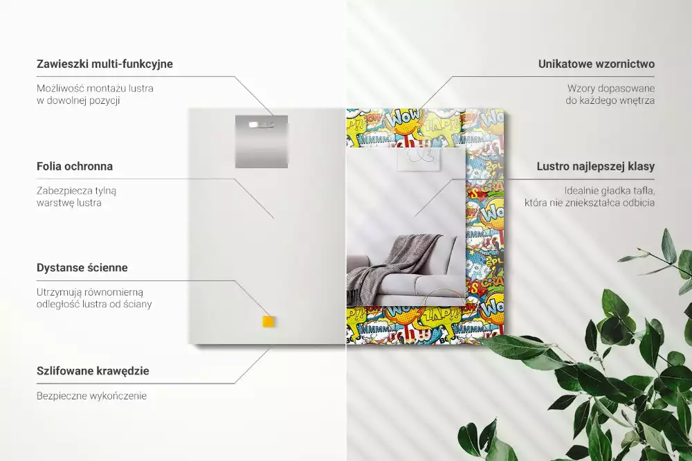 Rechthoekige spiegel met bedrukte lijst Kleurrijke komische tekstballonnen