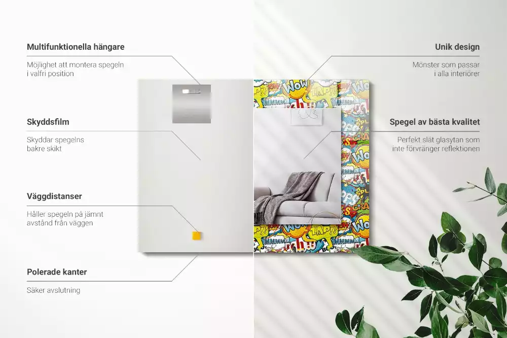 Rechthoekige spiegel met bedrukte lijst Kleurrijke komische tekstballonnen