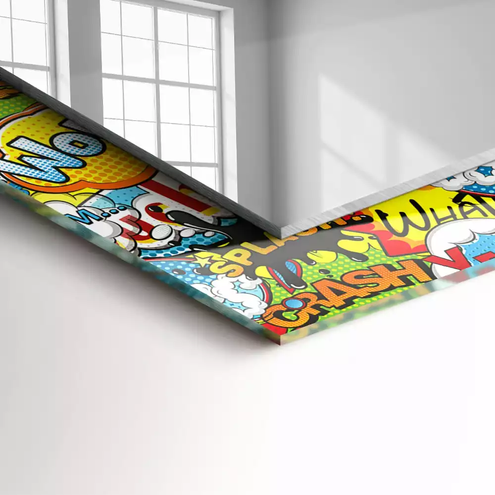 Rechthoekige spiegel met bedrukte lijst Kleurrijke komische tekstballonnen