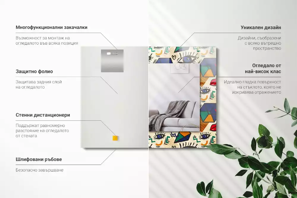 Rechthoekige spiegel lijst met print Ogen mond vormen