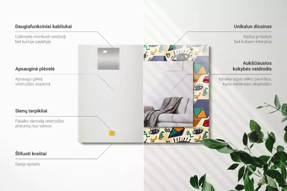 Rechthoekige spiegel lijst met print Ogen mond vormen