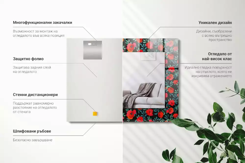 Rechthoekige spiegel lijst met print Klaprozenbloemen