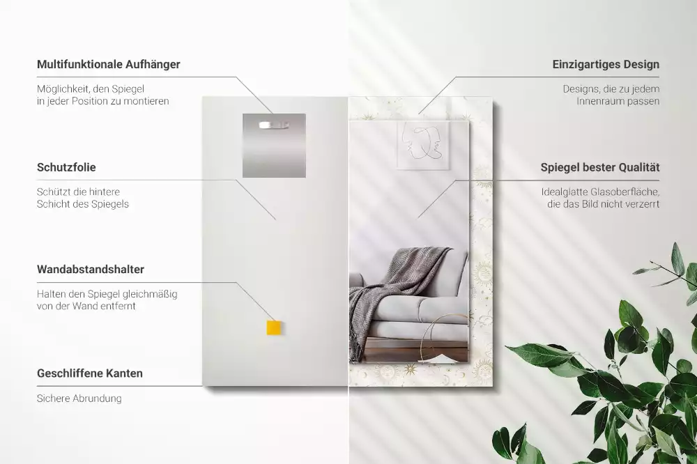 Rechthoekige spiegel met bedrukte lijst Zon Maan Sterren