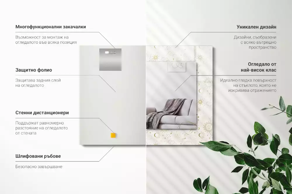 Rechthoekige spiegel met bedrukte lijst Zon Maan Sterren