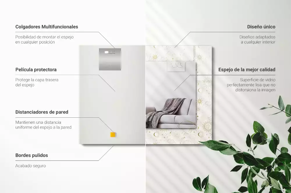 Rechthoekige spiegel met bedrukte lijst Zon Maan Sterren