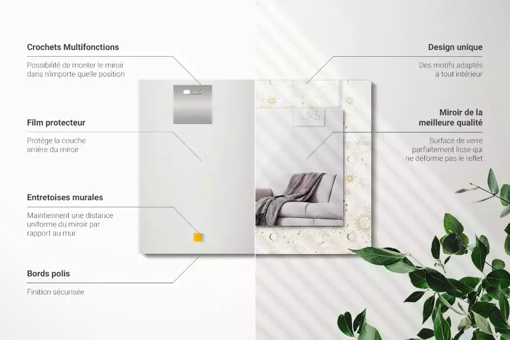 Rechthoekige spiegel met bedrukte lijst Zon Maan Sterren