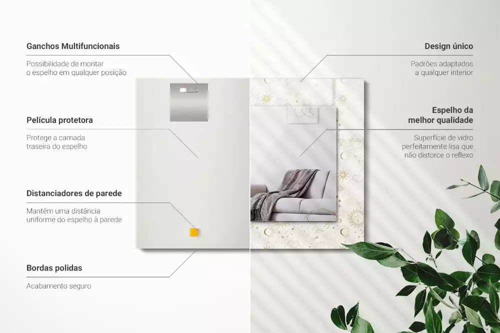 Rechthoekige spiegel met bedrukte lijst Zon Maan Sterren